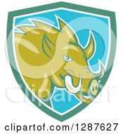 Poster, Art Print Of Cartoon Wild Razorback Boar Pig In A Turquoise White And Blue Shield