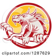 Clipart Of A Retro Roaring Dragon Emerging From A Red White And Yellow Circle Royalty Free Vector Illustration