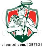 Clipart Of A Retro High Rise Male Window Washer Holding A Rope And Brush In A Green White And Red Shield Royalty Free Vector Illustration