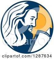 Clipart Of Saint Jerome Reading A Book In A Blue And Yellow Circle Royalty Free Vector Illustration by patrimonio