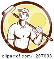 Poster, Art Print Of Retro Male House Painter With A Roller Brush Over His Shoulder In A Brown White And Yellow Circle