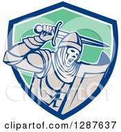 Clipart Of A Retro Crusader Knight Wielding A Sword In A Blue White And Green Shield Royalty Free Vector Illustration
