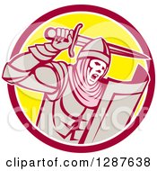 Clipart Of A Retro Crusader Knight Wielding A Sword In A Circle Royalty Free Vector Illustration