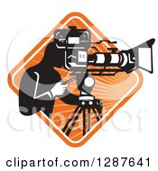 Poster, Art Print Of Retro Black And White Male Cameraman Working In A White And Orange Sunburst Diamond