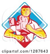 Clipart Of A Retro Male Cameraman In A White And Blue Diamond Royalty Free Vector Illustration