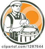 Retro Male Cooper Barrel Maker Holding A Mallet Over A Drum In A Green White And Orange Circle