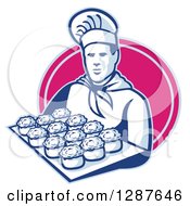 Poster, Art Print Of Retro Male Chef Baker Holding A Tray Of Meat Pies In A Pink Oval