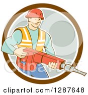 Retro Cartoon Caucasian Construction Worker Holding A Jackhammer Drill In A Circle