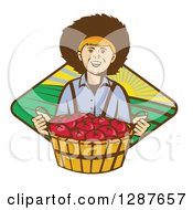 Clipart Of A Retro Boy Farmer Holding A Bushel Of Tomatoes Over A Farmland Diamond Royalty Free Vector Illustration