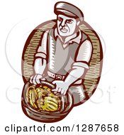 Poster, Art Print Of Retro Woodcut Male Farmer Carring A Basket Of Harvest Vegetables