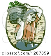 Clipart Of A Retro Woodcut Male Farmer Carring A Basket Of Harvest Vegetables On His Shoulder Royalty Free Vector Illustration