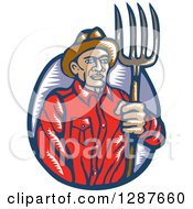 Poster, Art Print Of Retro Woodcut Male Farmer Holding A Pitchfork