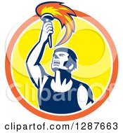 Poster, Art Print Of Retro Male Athlete Holding Up A Torch In An Orange White And Yellow Circle