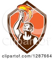Retro Male Athlete Holding Up A Torch In A Brown White And Orange Shield