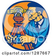 Retro Woodcut Ale Surveyor Using A Theodolite Instrument In A Blue And Orange Oval