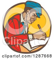Retro Woodcut Black Male Journalist Writing In A Brown And Yellow Circle