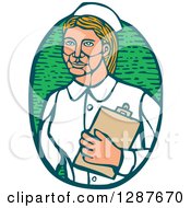 Poster, Art Print Of Retro Woodcut Blond Caucasian Female Nurse Holding A Cliboard In A Green Oval