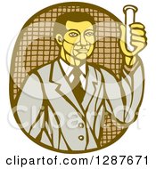 Retro Woodcut Asian Male Scientist Holding A Test Tube