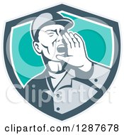 Clipart Of A Retro Male Worker Shouting In A Gray White And Turquoise Shield Royalty Free Vector Illustration