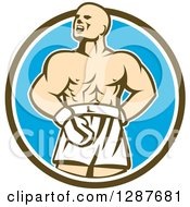 Clipart Of A Retro Male Boxer Champion Shouting In A Brown White And Blue Circle Royalty Free Vector Illustration