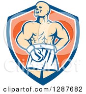 Clipart Of A Retro Male Boxer Champion Shouting In A Blue White And Orange Shield Royalty Free Vector Illustration