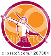 Retro Male Track And Field Javelin Thrower In A Pink White And Orange Circle