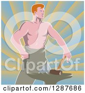 Clipart Of A Retro Shirtless Muscular Blacksmith With A Hammer And Anvil Over Rays Royalty Free Vector Illustration by patrimonio