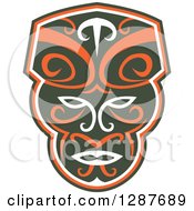 Poster, Art Print Of Retro Maori Mask In Dark Green White And Orange