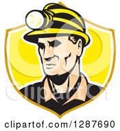 Clipart Of A Retro Caucasian Male Miner With A Headlamp In A Yellow And White Shield Royalty Free Vector Illustration