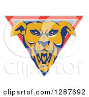 Clipart Of An Aggressive Guard Dog Head In A Pastel Blue Orange And White Triangle Royalty Free Vector Illustration