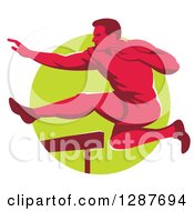 Poster, Art Print Of Retro Red Male Track And Field Athlete Running And Leaping Hurdles Over A Green Circle