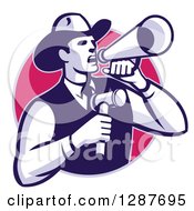 Retro Cowboy Auctioneer Holding A Gavel And Shouting In A Bullhorn Megaphone In A Purple And Pink Circle