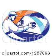 Poster, Art Print Of Retro Male Automotive Glass Installer Putting In A New Windshield In A Blue And Orange Ray Oval
