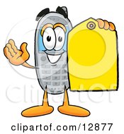 Poster, Art Print Of Wireless Cellular Telephone Mascot Cartoon Character Holding A Yellow Sales Price Tag