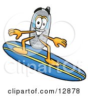 Clipart Picture Of A Wireless Cellular Telephone Mascot Cartoon Character Surfing On A Blue And Yellow Surfboard
