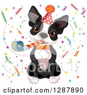 Cute Boston Terrier Wearing A Party Hat Blowing A Noise Maker And Celebrating In Confetti