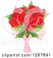 Poster, Art Print Of Bouquet Of Six Red Roses In Pink Wrap