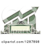 Poster, Art Print Of American Dollar Themed Bar Graph And Growth Arrow With A Blank Banner Frame And Scrolls