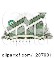 Poster, Art Print Of American Dollar Themed Bar Graph And Growth Arrow With A Blank Banner Stars Stamp And Leaves