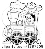 Poster, Art Print Of Black And White Happy Male Train Engineer Driving