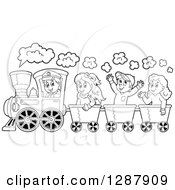 Poster, Art Print Of Black And White Happy Male Train Engineer Driving Children In Cars