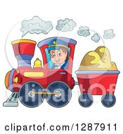 Happy White Male Train Engineer Driving A Steam Engine With A Cart Of Sand