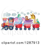 Poster, Art Print Of Happy White Male Train Engineer Driving A Steam Engine With African Animals In Carts