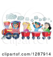Happy White Male Train Engineer Driving A Steam Engine With Caucasian Children In Carts