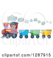 Poster, Art Print Of Happy White Male Train Engineer Driving A Steam Engine With Carts
