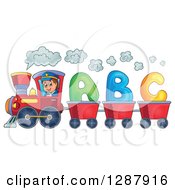 Poster, Art Print Of Happy White Male Train Engineer Driving A Steam Engine With Abc Alphabet Carts