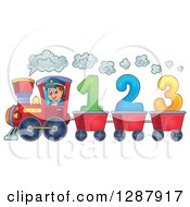 Happy White Male Train Engineer Driving A Steam Engine With 123 Number Carts