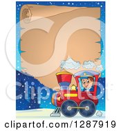 Scroll Border Of A Happy White Male Train Engineer Driving A Steam Engine Over A Winter Landscape