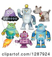 Clipart Of Robots And A Dog Royalty Free Vector Illustration