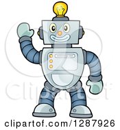 Poster, Art Print Of Friendly Waving Robot With A Light Bulb On His Head